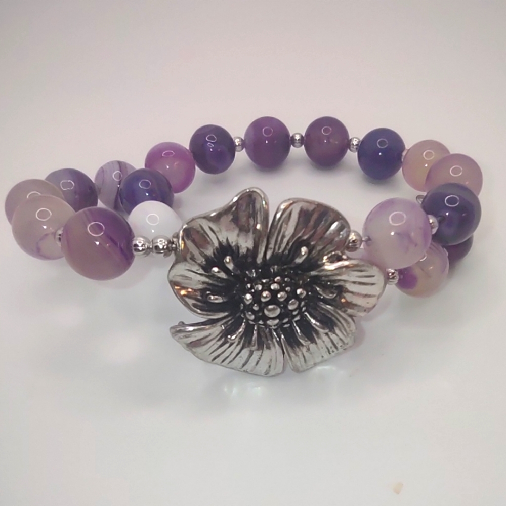 Purple Beaded Bracelet with Silver Flower Charm